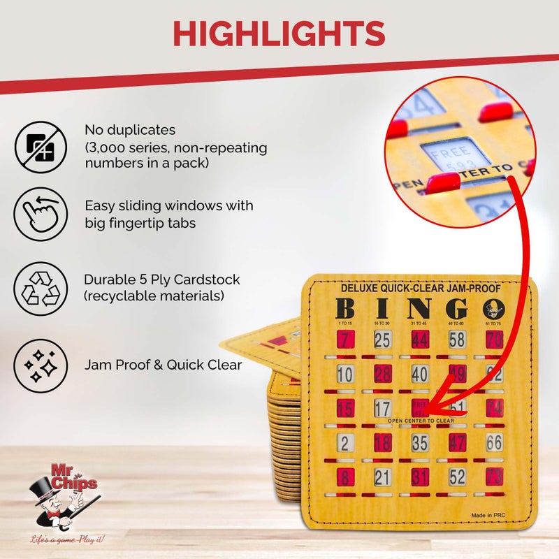 MR CHIPS Jam-Proof Bingo Cards with Sliding Windows, 50 Reusable Shutter Cards, 75 Calling Cards 1 Master Board in Woodgrain Style - Image 4